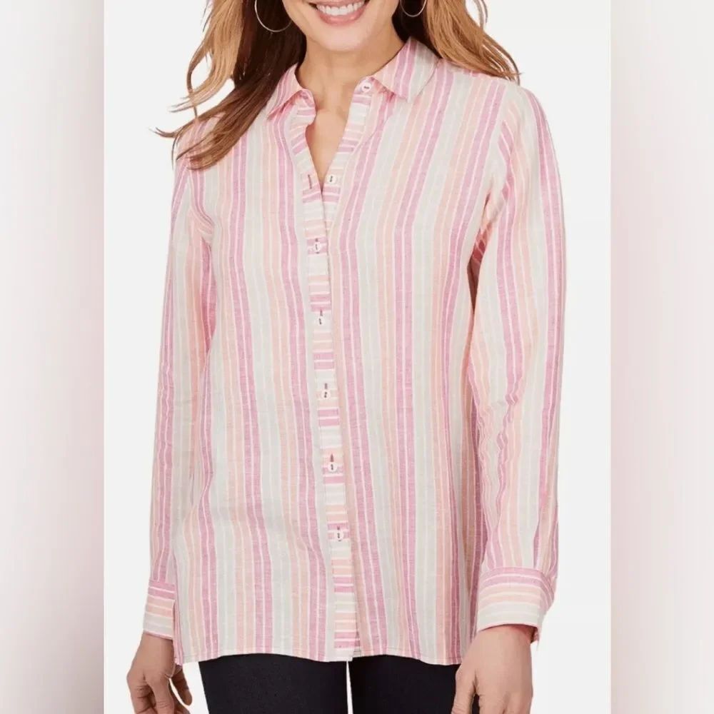 Foxcroft Linen Button Down Shirt LS Spring Easter Striped Relaxed Fit Size 2